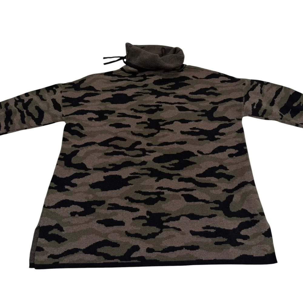 Rachel Zoe Womens Camo Knit Funnel Neck Drawstring Sweater Olive Black Medium - Picture 2 of 6